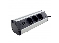 Мебельная розетка кухонная (горизонтальная) 3 x 16А, 2 x USB 2.4А, металл + провод 3 x 1.5 mm²