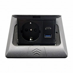 Розетка для пола с заземлением врезная 16А + 2USB (type C+A) 2.4А, IP44, черный