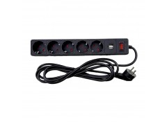 Сетевой фильтр с заземлением 5 гнезд + 2USB, 3 м, черный, защитные шторки