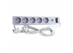 Сетевой фильтр с заземлением 5 гнезд + 2USB, 3 м, серый, защитные шторки